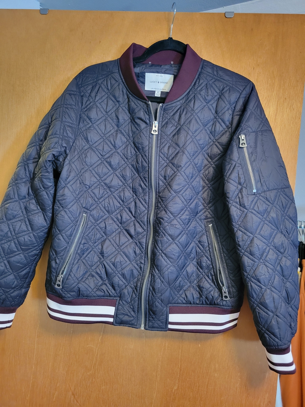 Lucky Brand Quilted Bomber Jacket in Navy with Maroon Trim